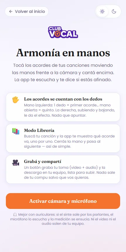 Pantalla de inicio de Armonía en manos con el botón «Activar cámara y micrófono»