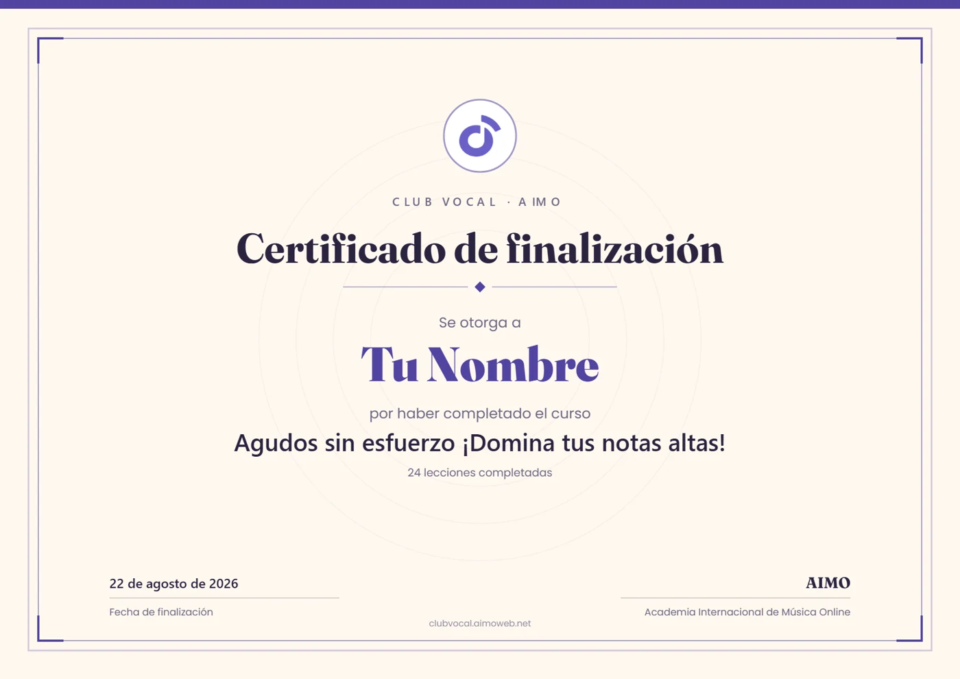 Certificado del Club Vocal de AIMO por completar las 24 lecciones del curso de agudos