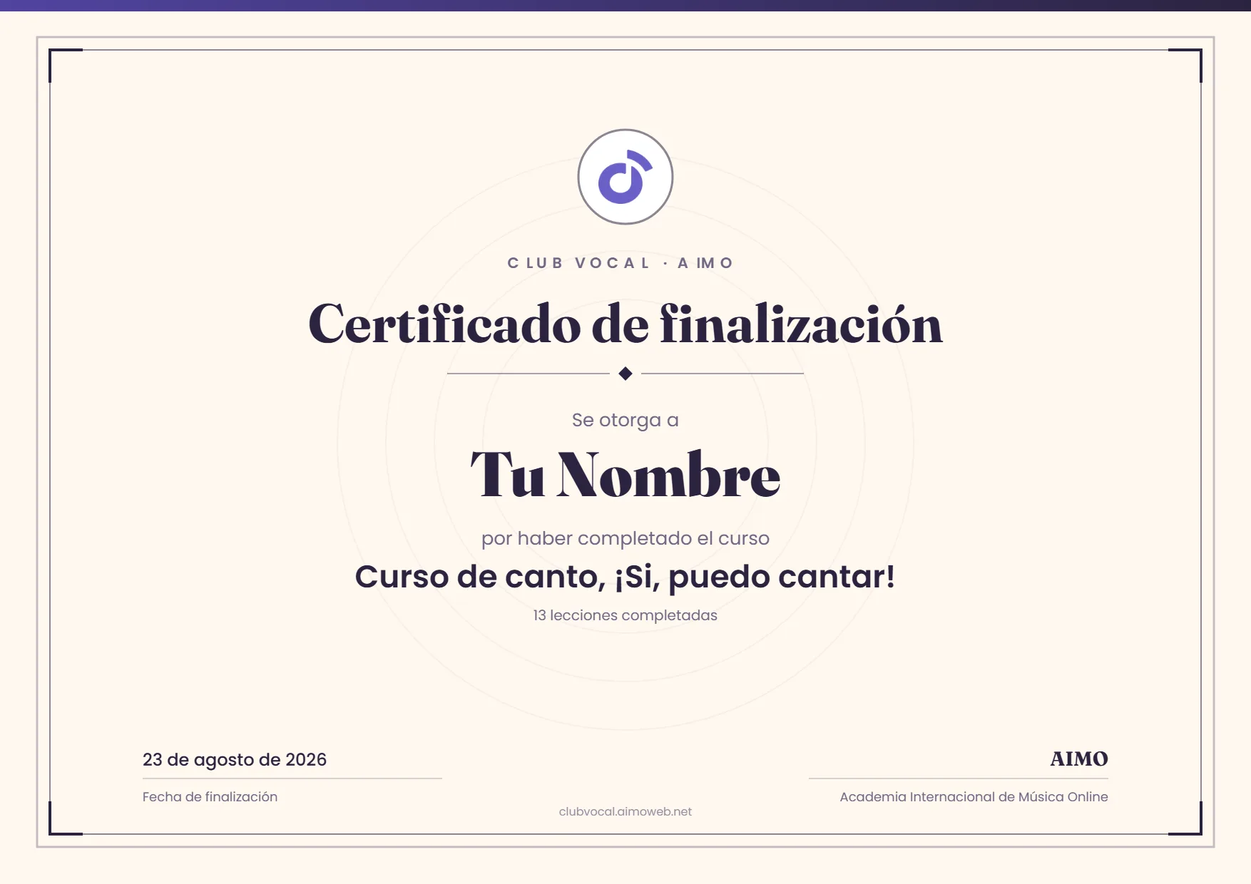 Certificado del Club Vocal de AIMO por completar las 13 lecciones del curso de canto para principiantes