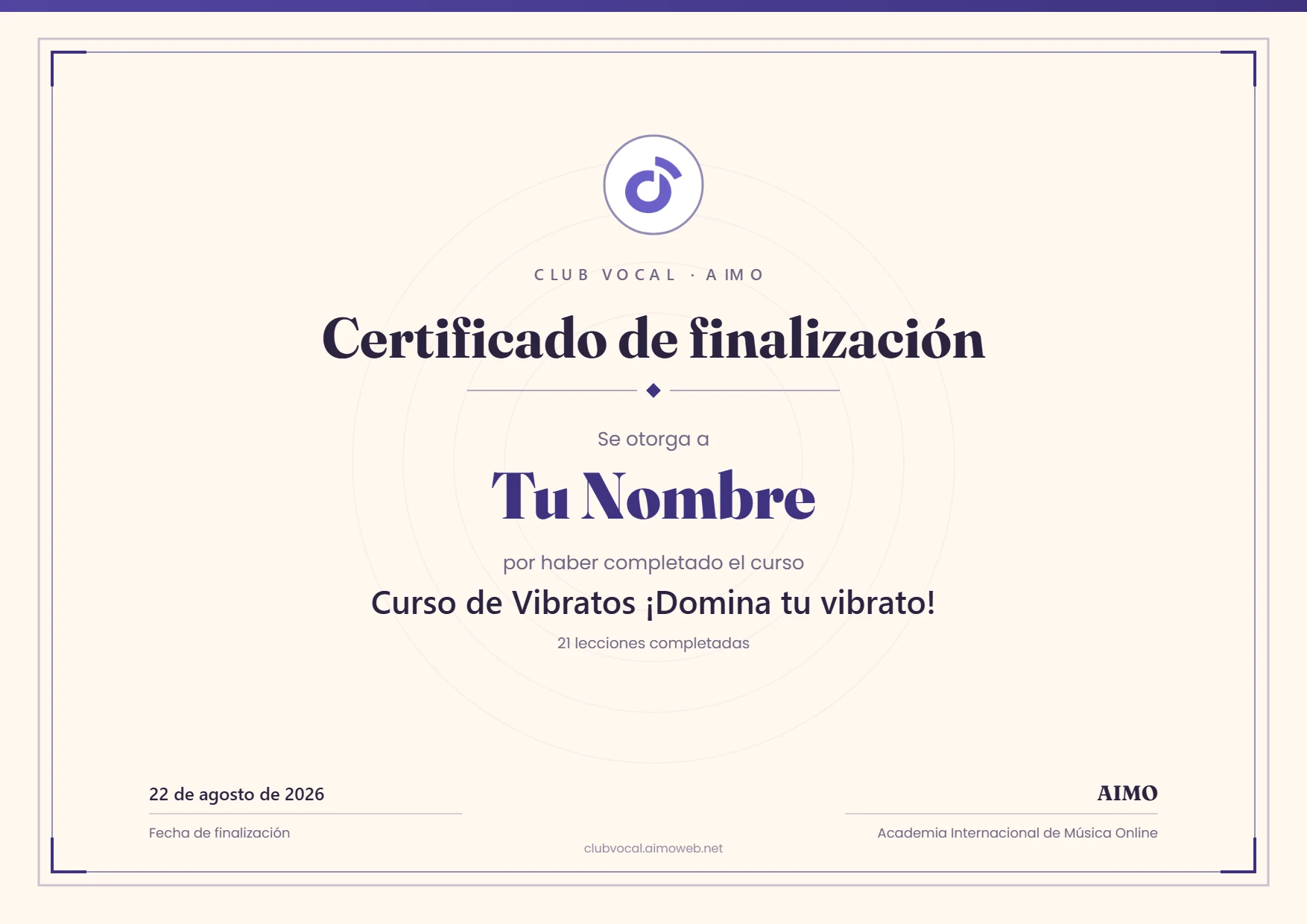 Certificado del Club Vocal de AIMO por completar las 21 lecciones del curso de vibratos