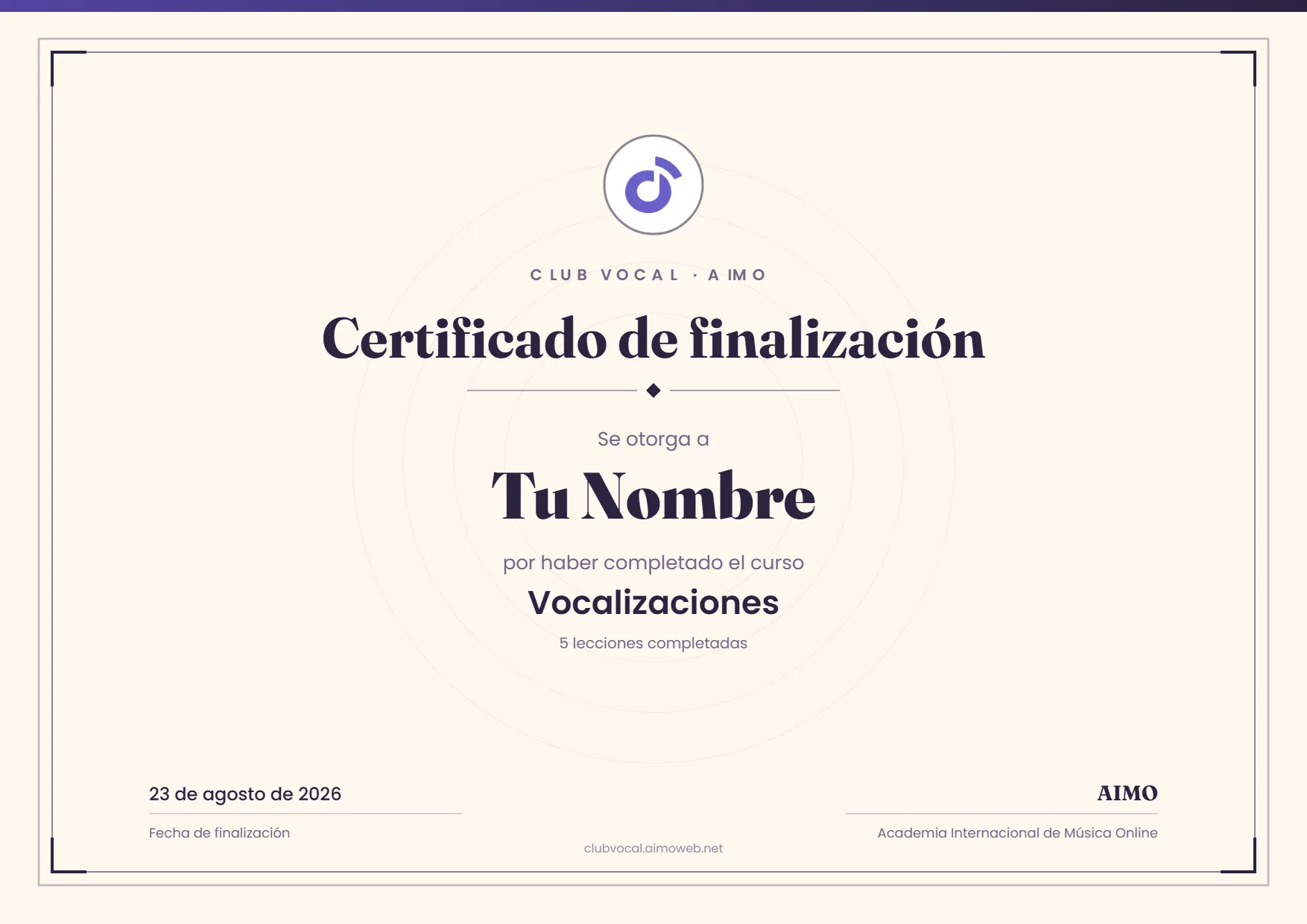 Certificado del Club Vocal de AIMO por completar las 5 pistas de vocalizaciones